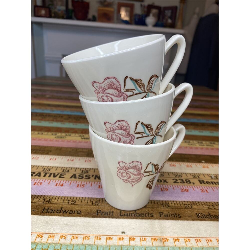 3 VINTAGE Single Rose Cups USA Coffee Tea Mugs White Floral LOT Of 3 MCM